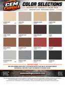 CEM Chroma concrete overlay pigment chart showing 16 colors, including Adobe Buff, Dark Walnut, Terra Cotta, and Charcoal