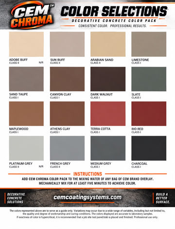CEM Chroma concrete overlay pigment chart showing 16 colors, including Adobe Buff, Dark Walnut, Terra Cotta, and Charcoal