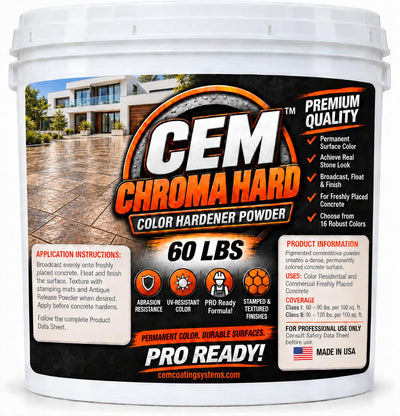 CEM Chroma Hard concrete color hardener in a 60 lb pail