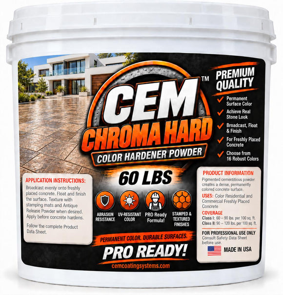CEM Chroma Hard concrete color hardener in a 60 lb pail
