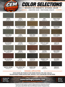 CEM Chroma Integral chart showing 35 colors and pigment dosages in pounds per cubic yard
