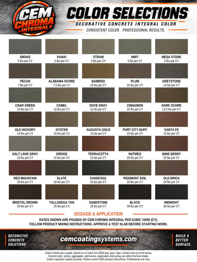 CEM Chroma Integral chart showing 35 colors and pigment dosages in pounds per cubic yard