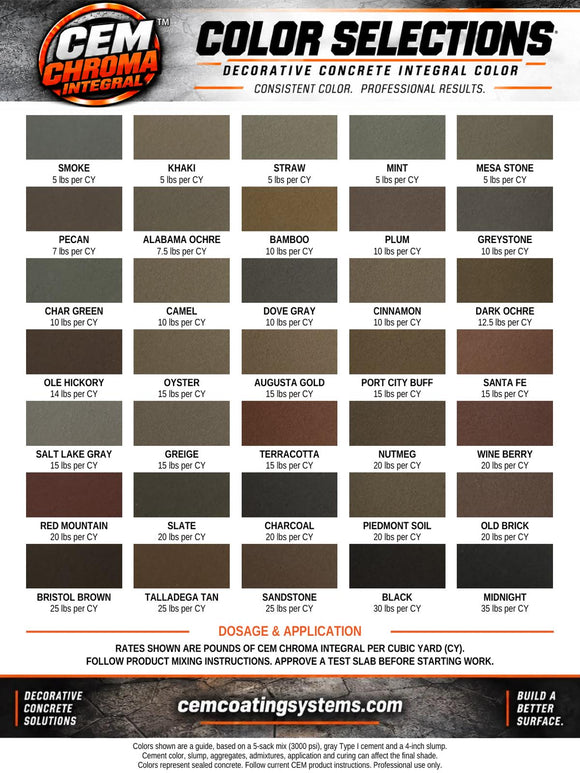 CEM Chroma Integral chart showing 35 colors and pigment dosages in pounds per cubic yard