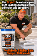 CEM Grip-IT promotional graphic showing roller application of bonding agent to concrete beside a product pail