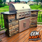 CEM-kraft outdoor kitchen with stone-look finish, built-in grill, dark countertop, and two access doors