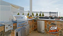 CEM Kraft corner outdoor kitchen with grill, side burner, sink, refrigerator, and raised countertop