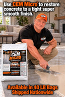 CEM Micro promotional graphic showing a worker troweling an interior concrete overlay beside a product bag
