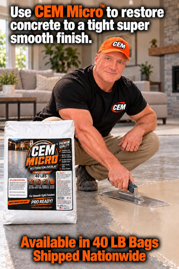 CEM Micro promotional graphic showing a worker troweling an interior concrete overlay beside a product bag
