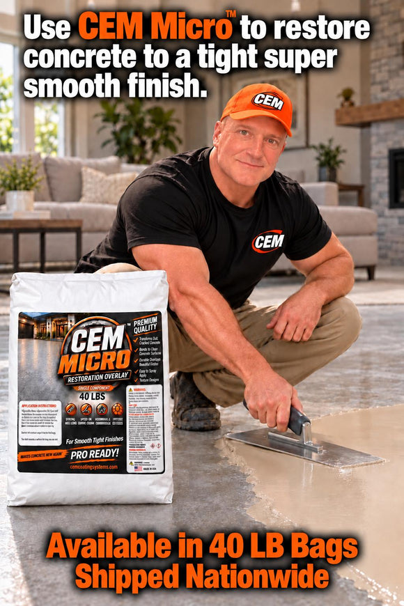 CEM Micro promotional graphic showing a worker troweling an interior concrete overlay beside a product bag