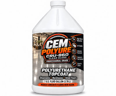 White one-gallon CEM Polyure CRU-860 jug labeled Clear Gloss Polyurethane Topcoat