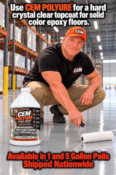 CEM Polyure CRU-860 promotional graphic showing roller application on a warehouse floor beside a product jug
