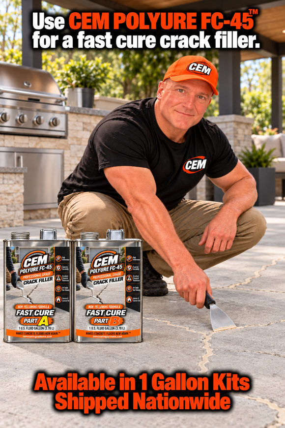 CEM Polyure FC-45 promotional graphic showing concrete crack repair beside Part A and Part B containers