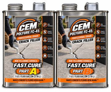 CEM Polyure containers labeled FC-45 crack filler, Part A and Part B, each marked one US fluid gallon