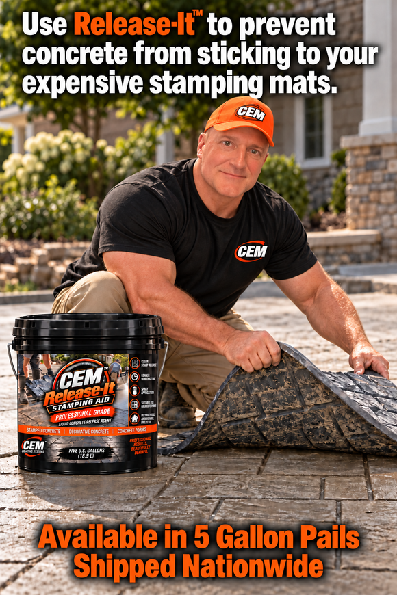 CEM Release-It promotional graphic showing a worker lifting a concrete stamping mat beside a 5-gallon pail