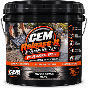 Black container of CEM Release-it liquid concrete release agent and stamping aid