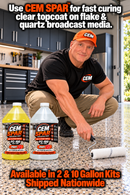 CEM SPAR FC-100 promotional graphic showing a worker rolling clear topcoat over a decorative flake garage floor