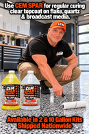 CEM SPAR RC-200 promotional graphic showing a worker rolling topcoat over a decorative flake garage floor