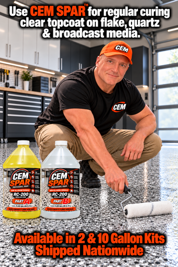 CEM SPAR RC-200 promotional graphic showing a worker rolling topcoat over a decorative flake garage floor