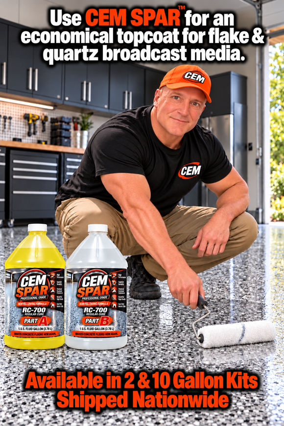 CEM SPAR RC-700 promotional graphic showing a worker rolling topcoat over a decorative flake garage floor