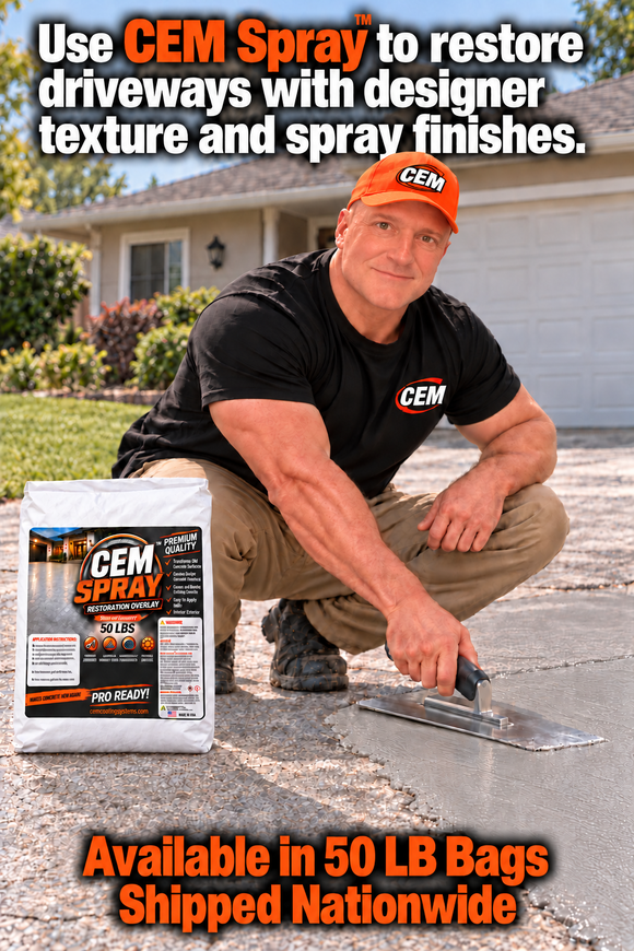 CEM Spray promotional graphic showing a worker troweling a driveway overlay beside a 50 lb bag