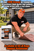 CEM Stamp promotional graphic showing a worker lifting a patterned stamping mat beside a 50 lb overlay bag
