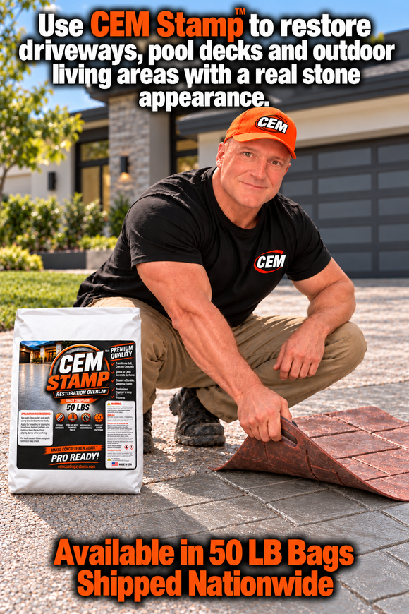 CEM Stamp promotional graphic showing a worker lifting a patterned stamping mat beside a 50 lb overlay bag