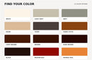 CEM Tone concrete stain chart showing 12 labeled color swatches, including white, grey, brown, black, medium red, and orange peel