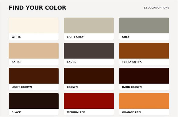 CEM Tone concrete stain chart showing 12 labeled color swatches, including white, grey, brown, black, medium red, and orange peel
