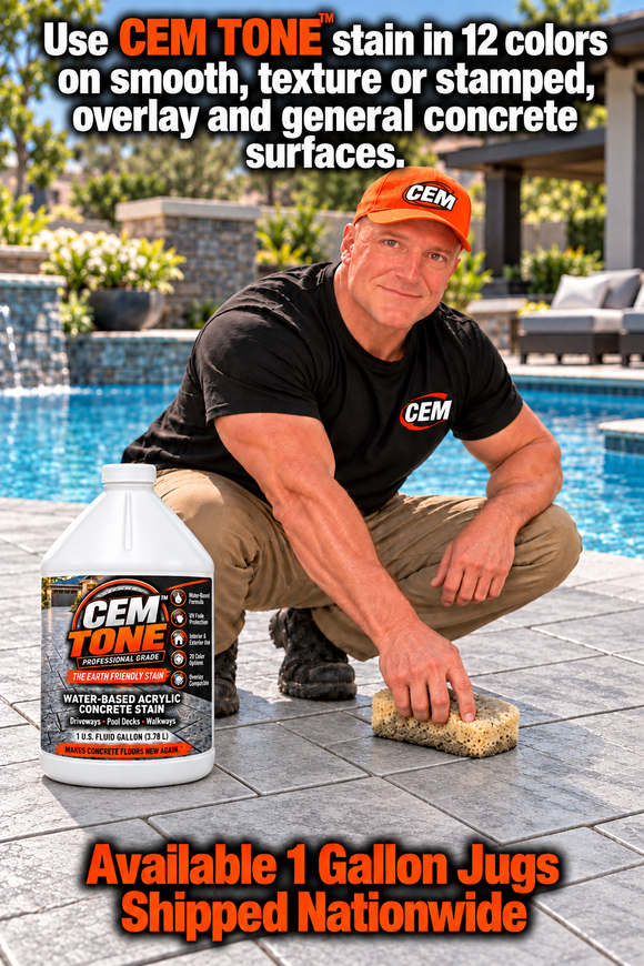 CEM Tone promotional graphic showing a worker applying concrete stain with a sponge beside a swimming pool