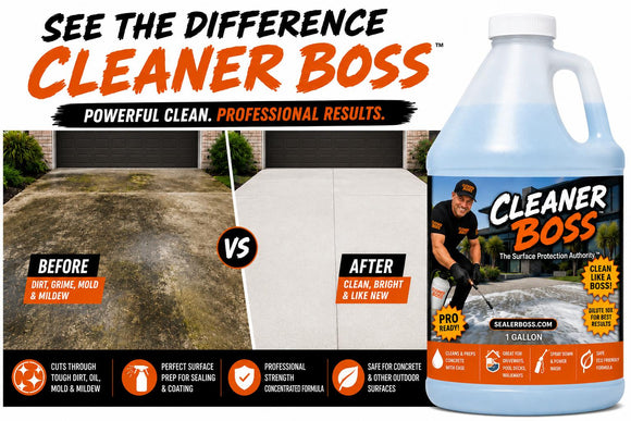 Cleaner Boss promotional graphic showing a driveway before and after cleaning beside a 1-gallon container