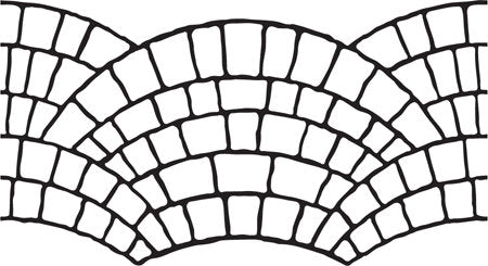 Cobble Fan stencil pattern with irregular cobblestone shapes arranged in overlapping curved fans