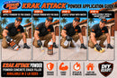 Krak Attack powder crack filler application guide showing powder placement, brushing, water spraying, and wiping with a damp cellulose sponge.
