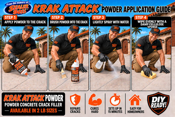Krak Attack powder crack filler application guide showing powder placement, brushing, water spraying, and wiping with a damp cellulose sponge.