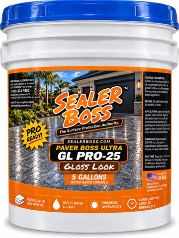 Paver Boss GL Pro SB-25 gloss paver sealer in a white 5-gallon pail with a blue lid