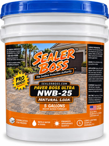 Paver Boss Ultra NWB-25 natural-look water-based sealer in a white 5-gallon pail with a blue lid