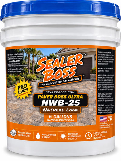 Paver Boss Ultra NWB-25 natural-look water-based sealer in a white 5-gallon pail with a blue lid