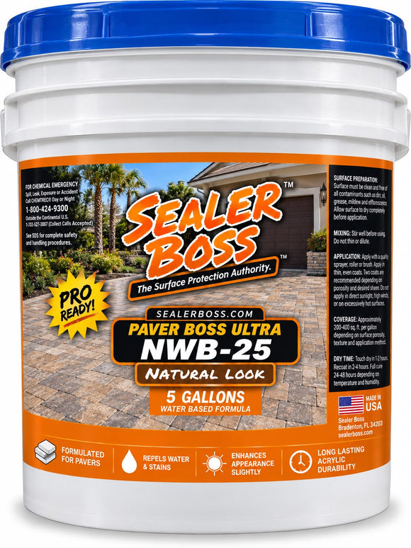 Paver Boss Ultra NWB-25 natural-look water-based sealer in a white 5-gallon pail with a blue lid