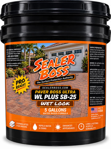 Black Paver Boss WL Plus SB-25 sealer pail with a Wet Look label