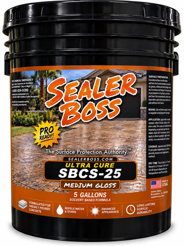 Black Sealer Boss Ultra Cure Boss SBCS-25 pail labeled and Medium High Gloss