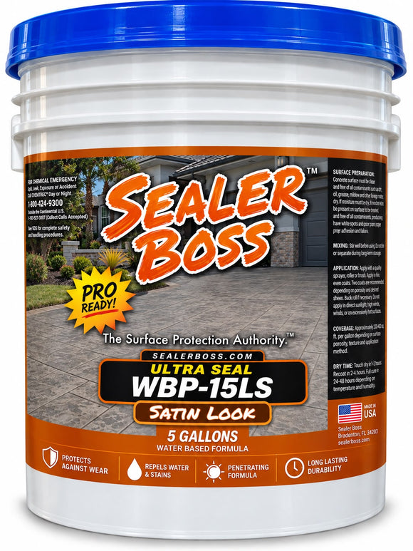 White Sealer Boss Ultra Seal Boss WBP-15LS pail with blue lid and Satin Look label