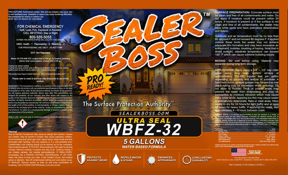 Sealer Boss Ultra Seal WBFZ-32 product label showing surface preparation, mixing, and application instructions
