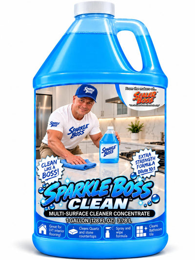Sparkle Boss Clean multi-surface cleaner concentrate in a clear 1-gallon jug containing blue liquid
