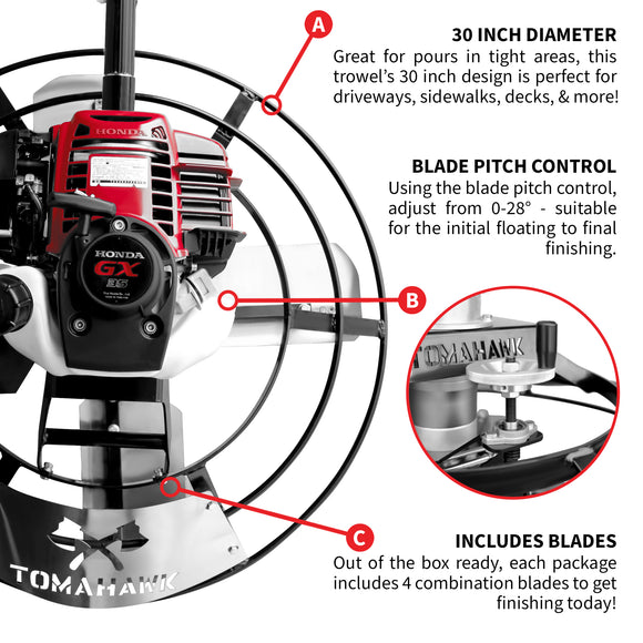Tomahawk power trowel showing 30-inch diameter, adjustable blade pitch, and four combination blades
