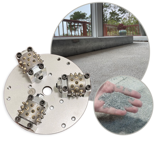 WerkMaster bush hammer plate with three toothed rollers, alongside textured concrete and a hand holding removed material