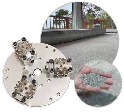 WerkMaster bush hammer plate with three toothed rollers, alongside textured concrete and a hand holding removed material