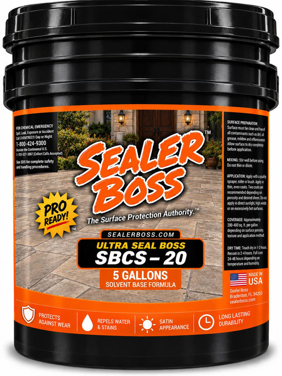 Ultra Seal Boss SBCS-20 satin concrete sealer in a black pail with a gold and white label