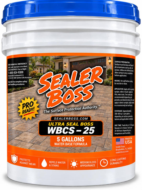 Ultra Seal Boss WBCS-25 water-based concrete sealer in a white 5-gallon pail with a blue lid