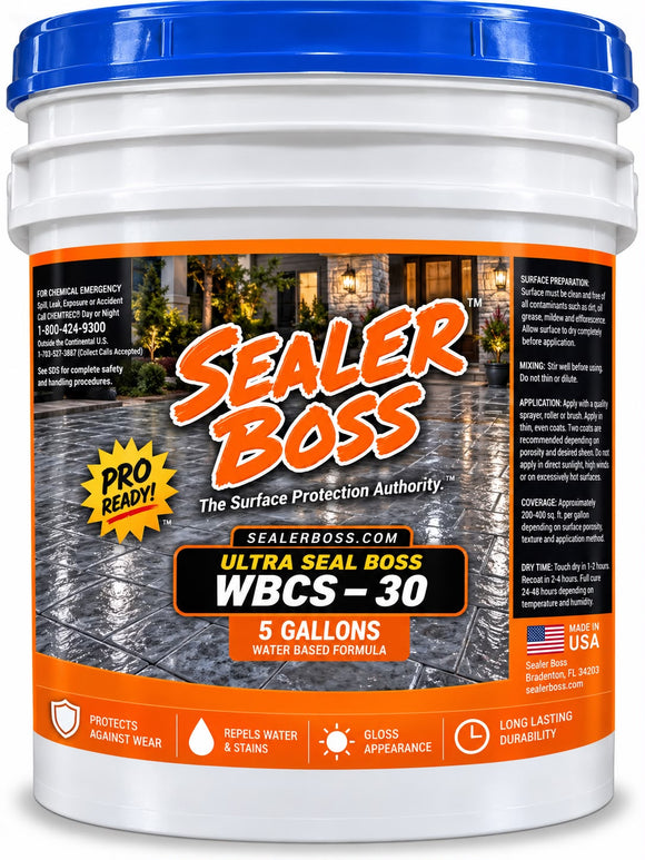 Ultra Seal Boss WBCS-30 clear gloss concrete sealer in a white pail with a blue lid
