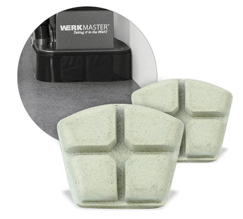 Two WerkMaster Achromic resin tools with four pale segments each and an inset showing a floor machine working beside a wall