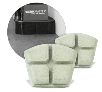 Two WerkMaster Achromic resin tools with four pale segments each and an inset showing a floor machine working beside a wall